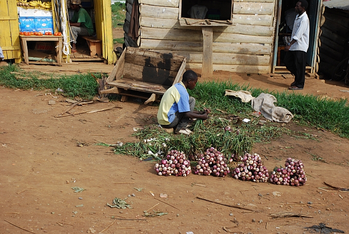 Junger Zwiebelhändler am Strassenrand in einem Dorf zwischen Kabale und Mbarara