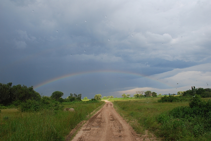 Gewitterstimmung mit Regenbogen über den Kasenyi Plains im Queen Elizabeth Nationalpark