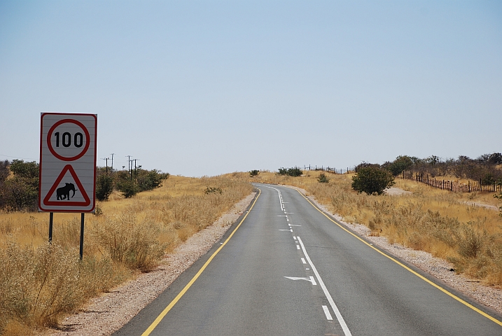 Die Strasse führt dem Zaun des Etosha Nationalpark entlang