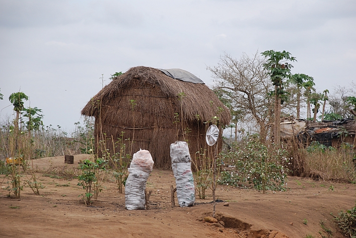 Verkaufsbereite Kohlensäcke in einem Dorf auf dem Weg nach Caxito