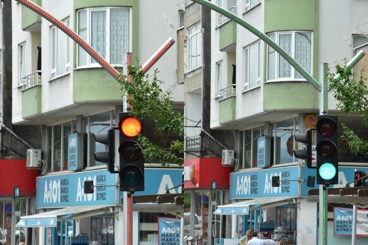 Lichtsignalpfosten in der jeweiligen Ampelfarbe