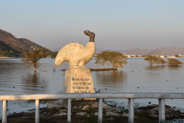 Komische Vogelstatue mit pädagogisch wertvoller Inschrift auf dem Sockel