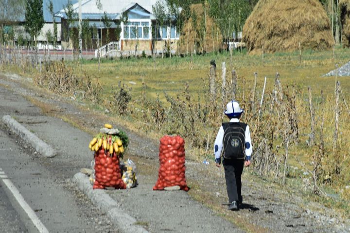 Junge mit typischem Kirgisenhut unterwegs auf der Strasse