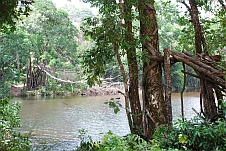 Hängebrücke über den Fluss oberhalb des ersten Kambadaga Wasserfalls